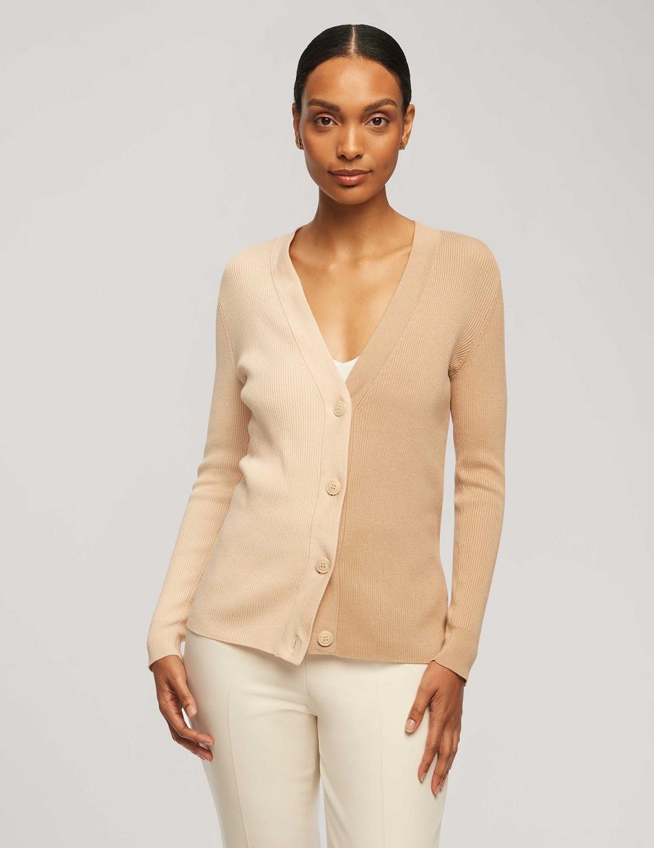 Anne Klein Half/Half Rib Cardigan Sweaters White / beige | USXBR28092