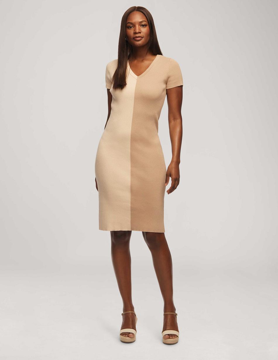 Anne Klein Half/Half Rib Sweater Dresses Beige / White | BUSSD35341