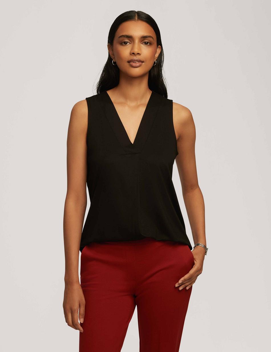 Anne Klein Harmony Knit Pleat Neck Shell Tops Black | QUSWA36081