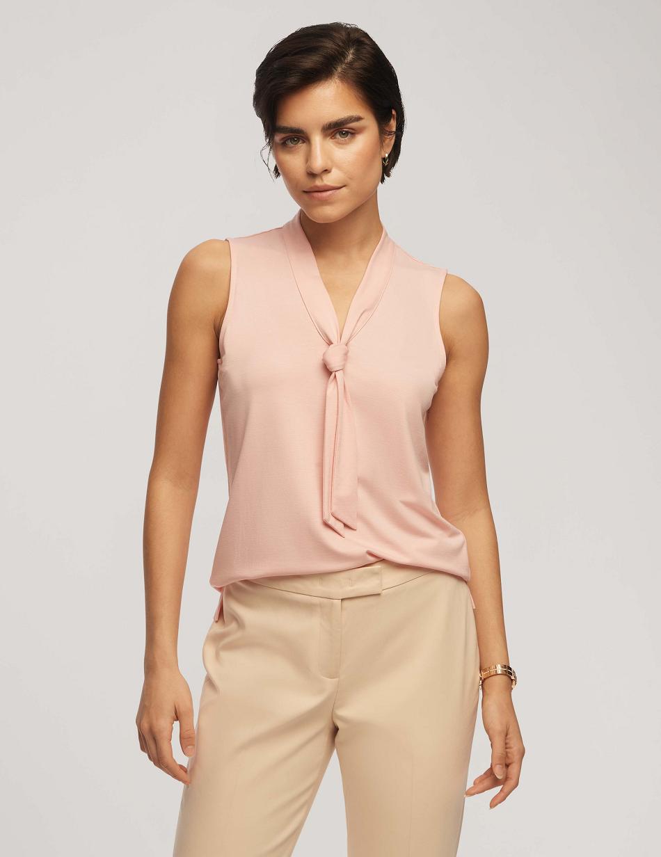 Anne Klein Harmony Knit V-Neck Sleeveless Tie Blouse Tops Pink | USZDE65901