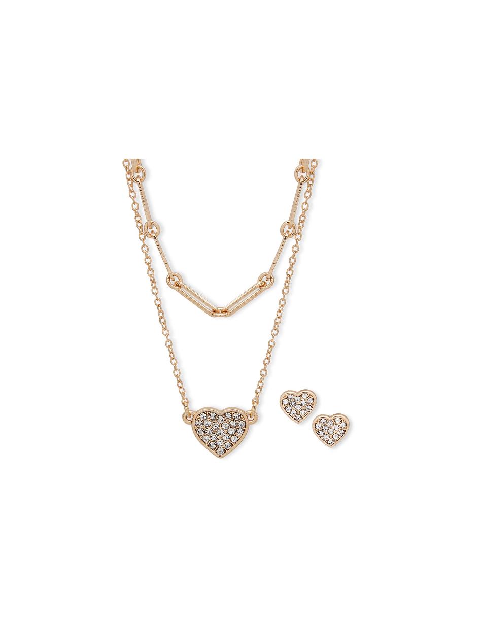 Anne Klein Heart Pendant Earring Pouch Set Necklaces Gold | UUSND67031