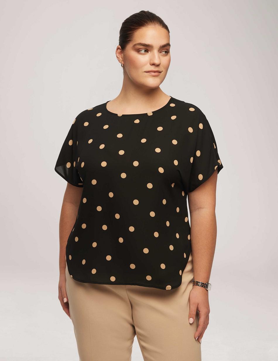 Anne Klein Large Dot Bateau Neck Short Sleeve Blouse Plus Size Black | EUSHC79329