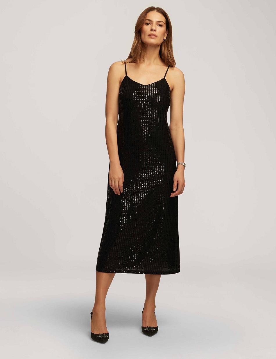 Anne Klein Linear Shine V-Neck Cami Midi Dresses Black | EUSHC31972