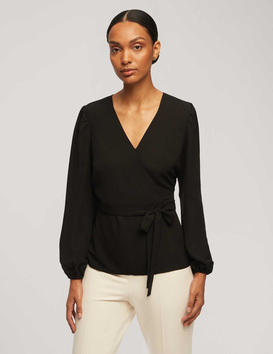 Anne Klein Long Sleeve Crossover Blouse Tops Black | USNZX76054