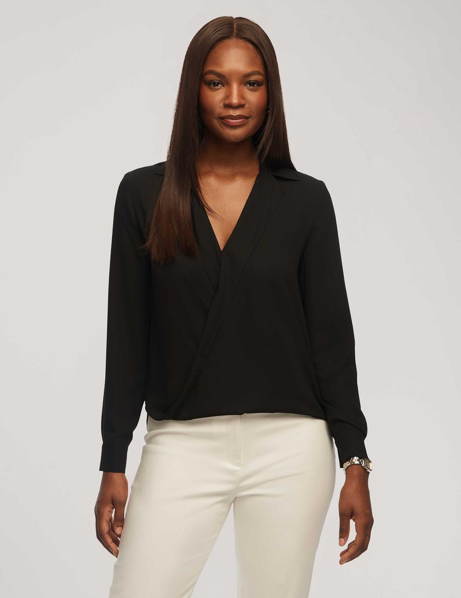 Anne Klein Long Sleeve Crossover Blouse With Collar Tops Black | UUSTG47840