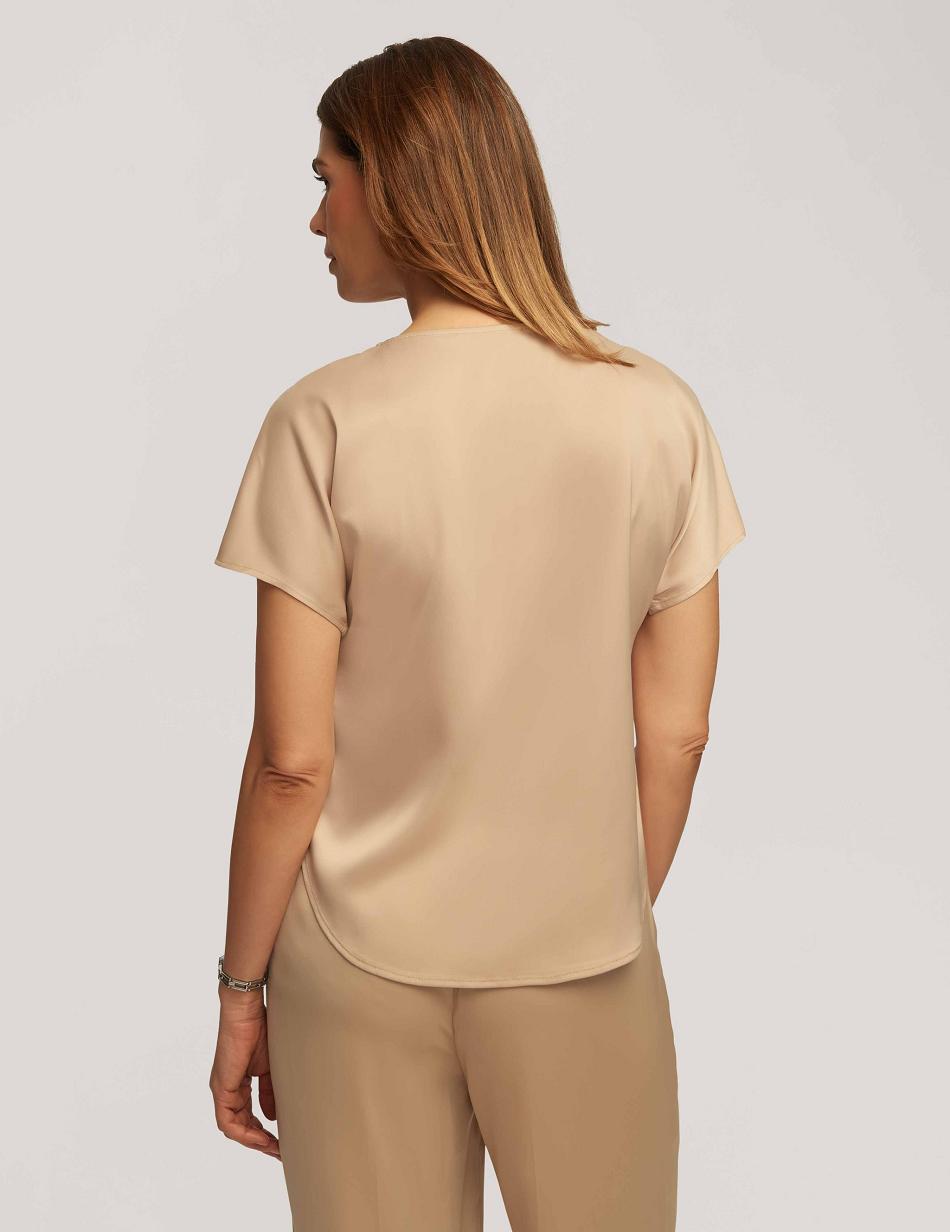 Anne Klein Montreal Satin Short Sleeve Blouse With Bateau Neck Tops Beige | XUSBH16266