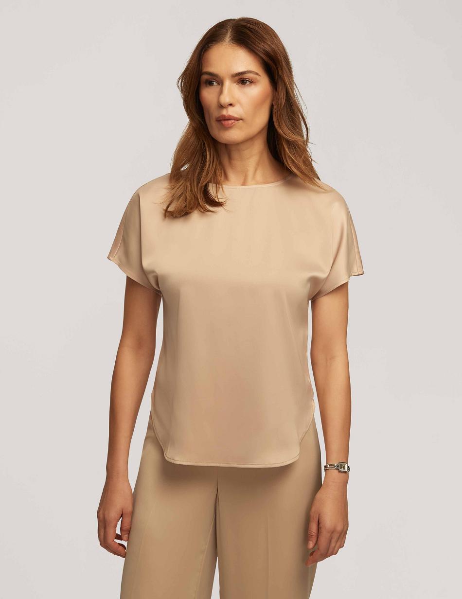 Anne Klein Montreal Satin Short Sleeve Blouse With Bateau Neck Tops Beige | XUSBH16266