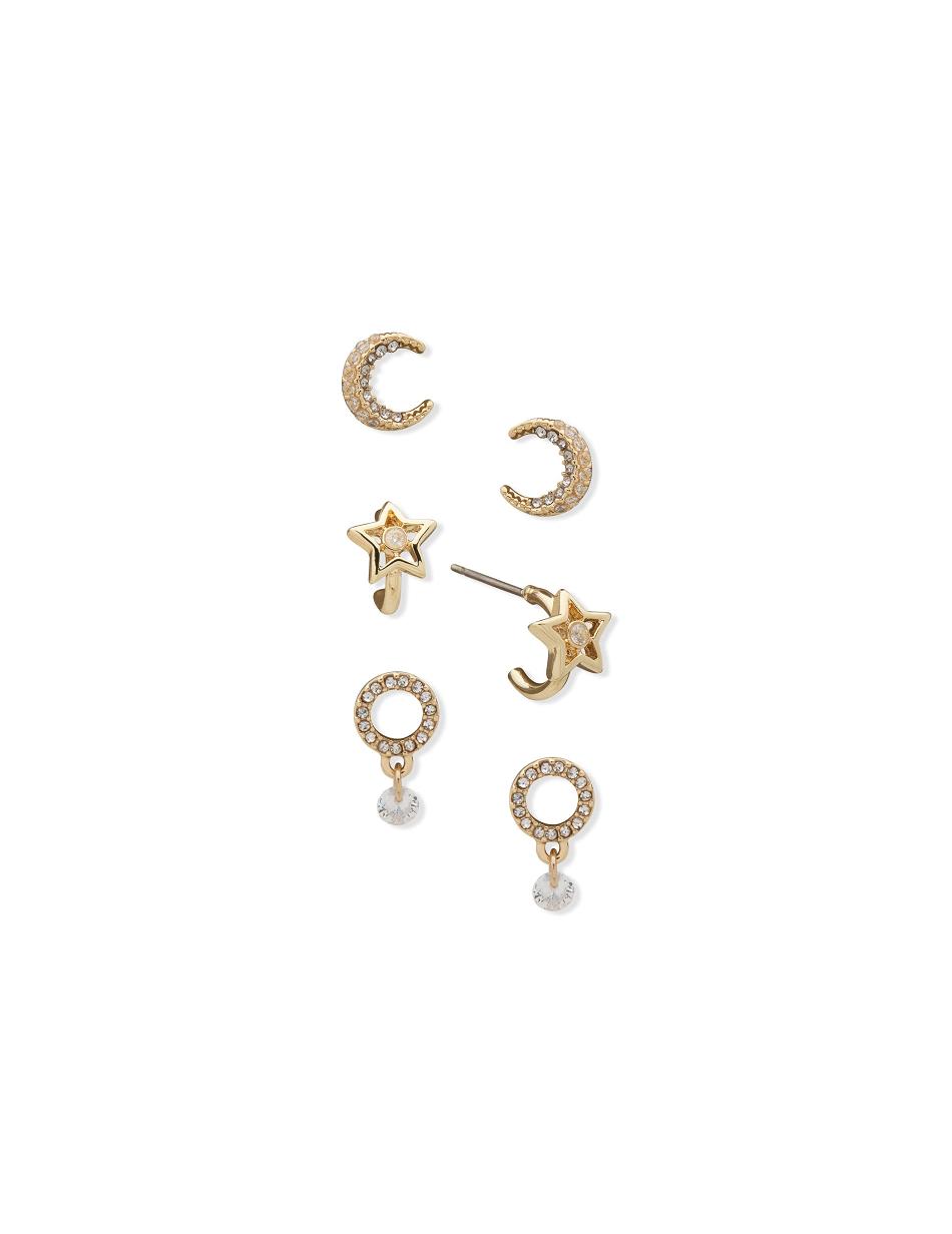 Anne Klein Moon Star Pierced Earring Trio in Gift Box Jewelry Sets Gold | USICD25178