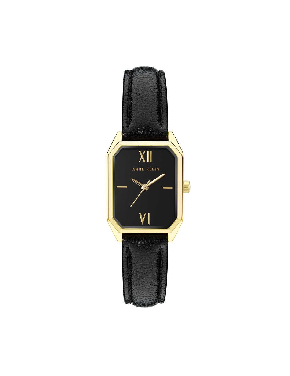 Anne Klein Octagonal Shaped Leather Strap Watch Rectangular Black / Gold | USXBR91210