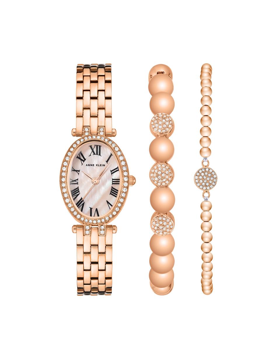 Anne Klein Oval Watch and Bracelet Set with Premium Crystals Metals Rose / Gold | USXMI89254