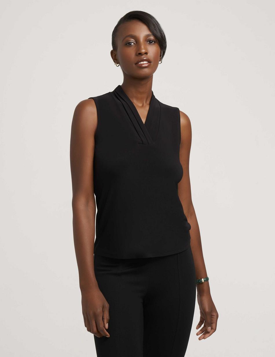 Anne Klein Petite V-Neck Triple Pleat Top Tops Black | PUSQX31414