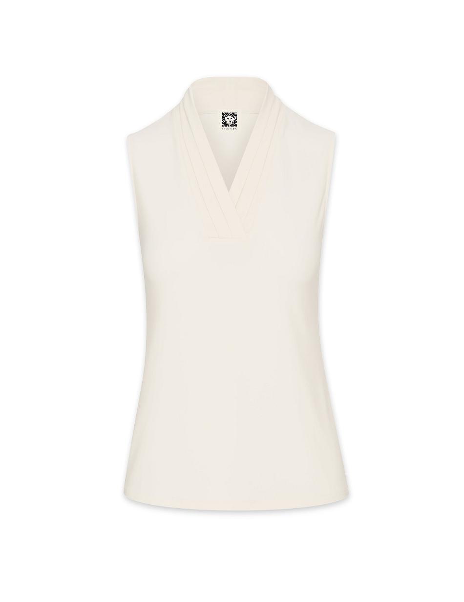 Anne Klein Petite V-Neck Triple Pleat Top Tops White | USZPD51939