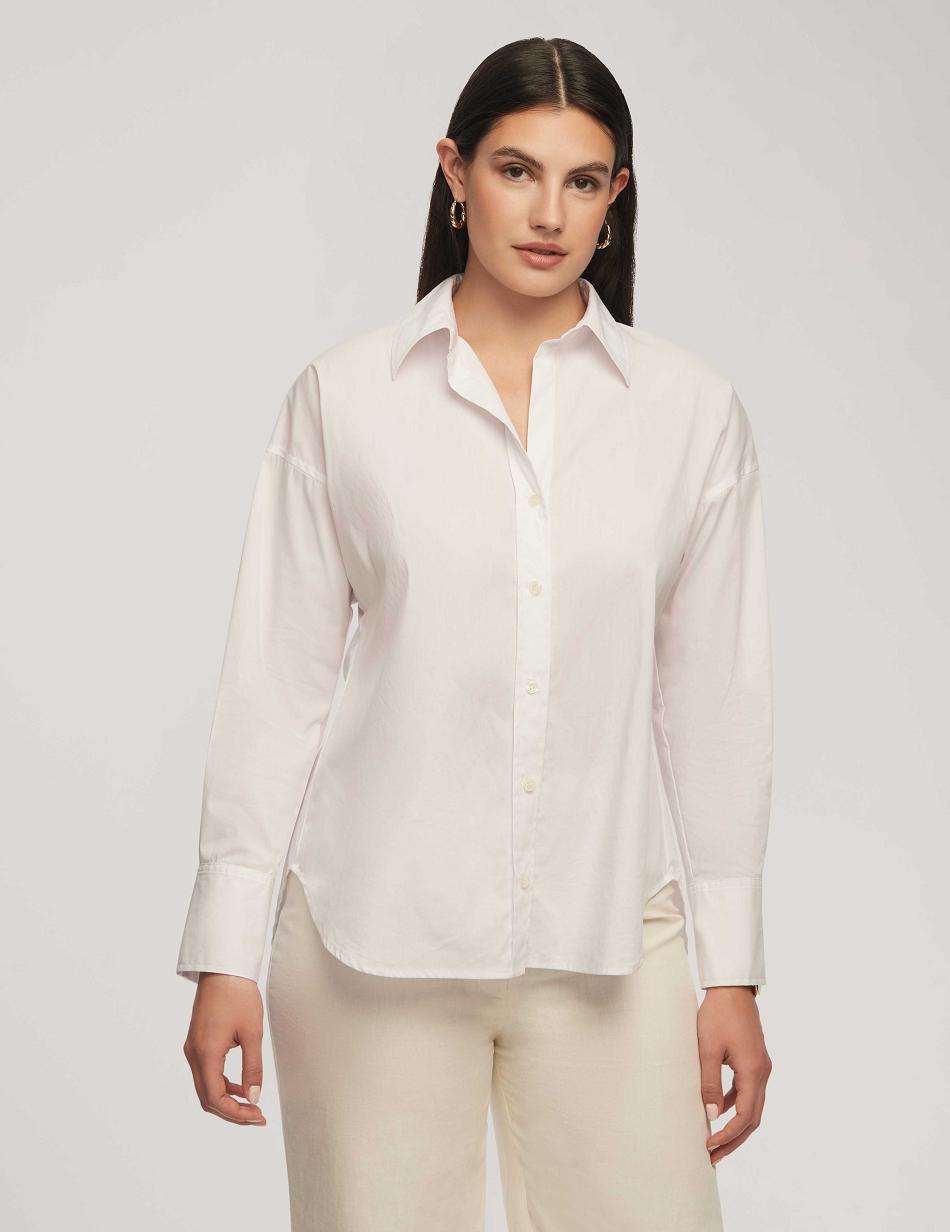 Anne Klein Poplin Button-Down Long Sleeve Blouse Tops White | SUSNY85997