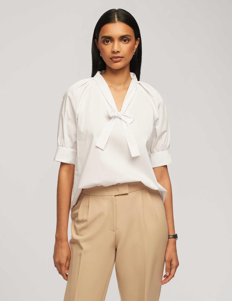 Anne Klein Poplin Puff Sleeve Blouse With Neck Tie Tops White | EUSVG29274