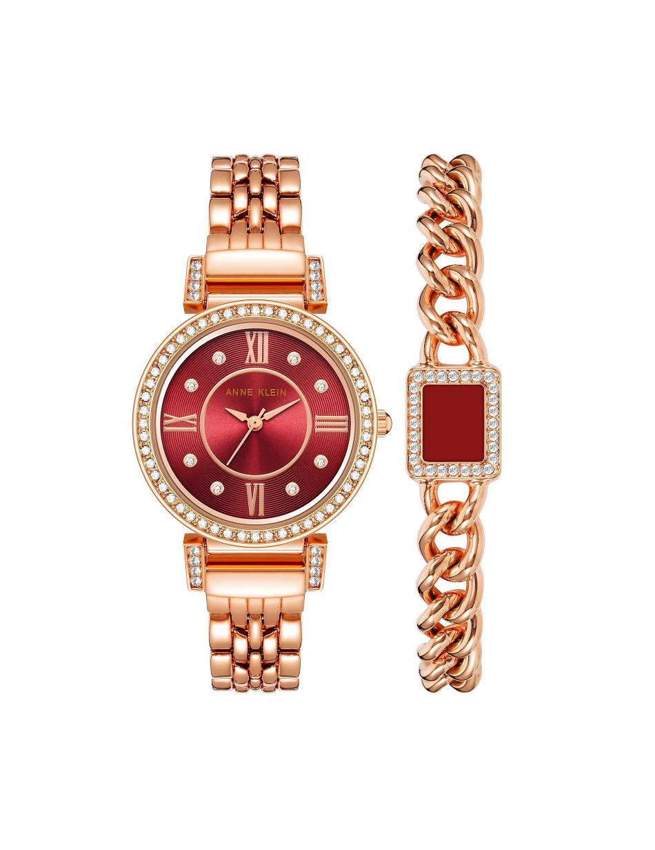 Anne Klein Premium Crystal Watch and Bracelet Sets Burgundy / Rose / Gold | MUSHR73450