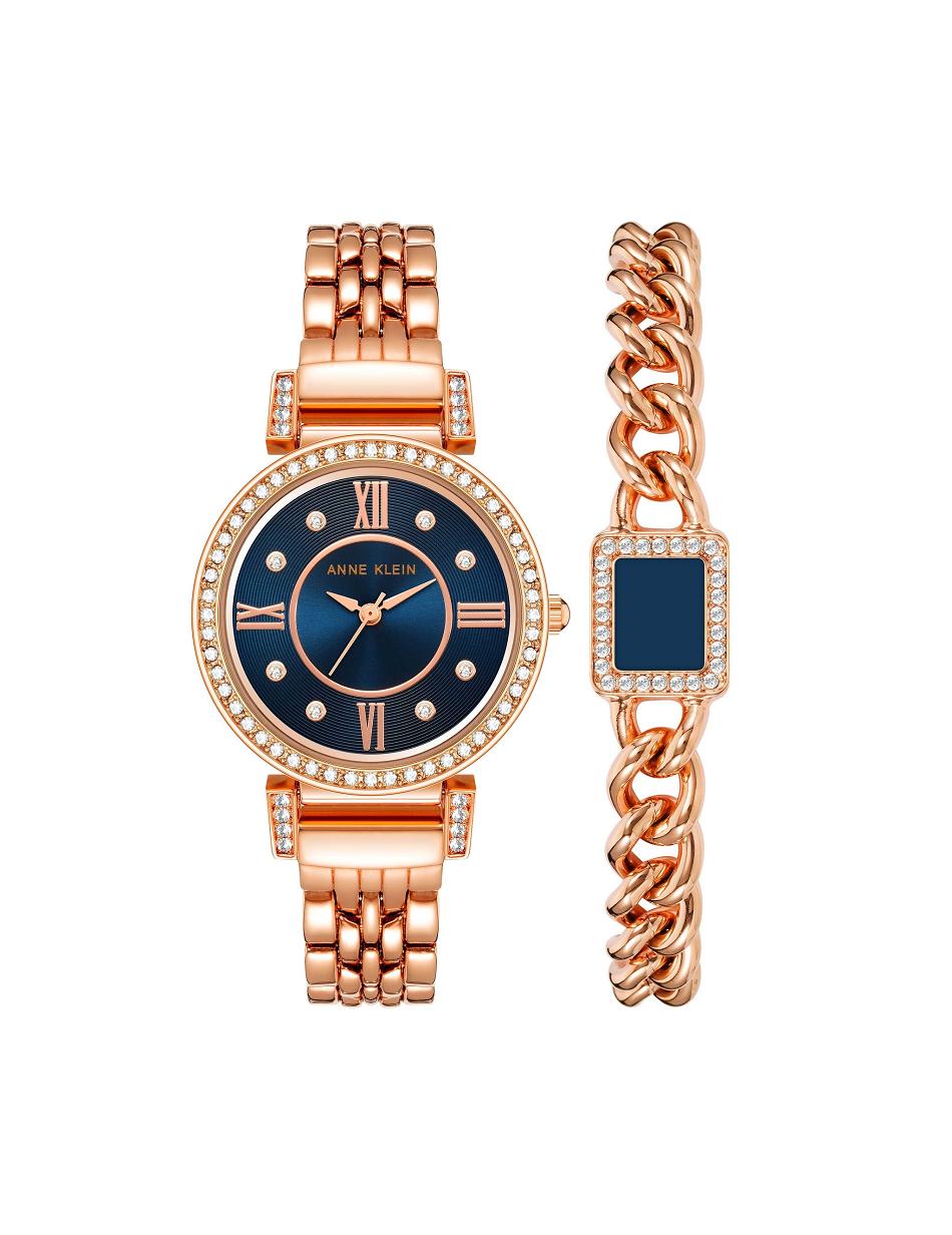 Anne Klein Premium Crystal Watch and Bracelet Sets Navy / Rose / Gold | PUSER55075