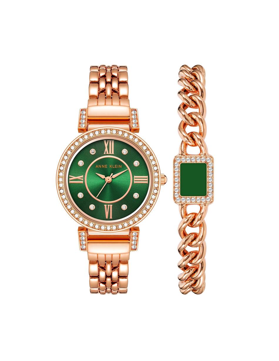 Anne Klein Premium Crystal Watch and Bracelet Sets Green / Rose / Gold | XUSGW98297