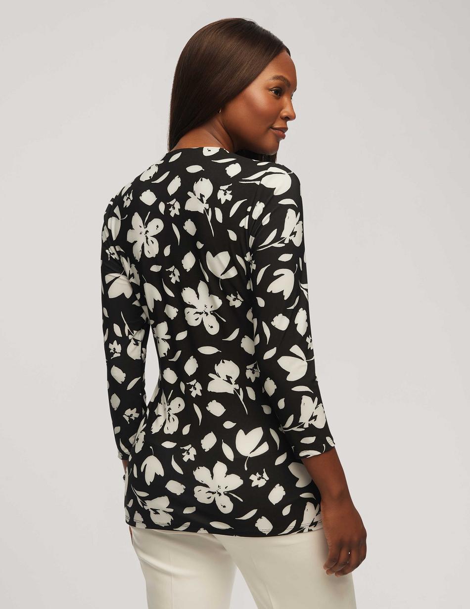 Anne Klein Printed 3/4 Sleeve Wrap Top Tops Black / White | SUSNY60603