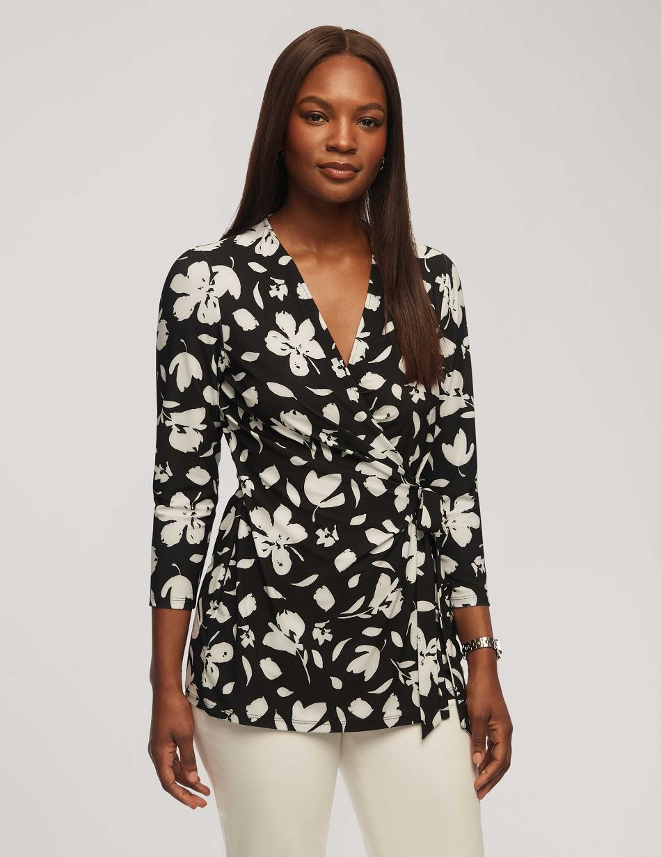 Anne Klein Printed 3/4 Sleeve Wrap Top Tops Black / White | SUSNY60603