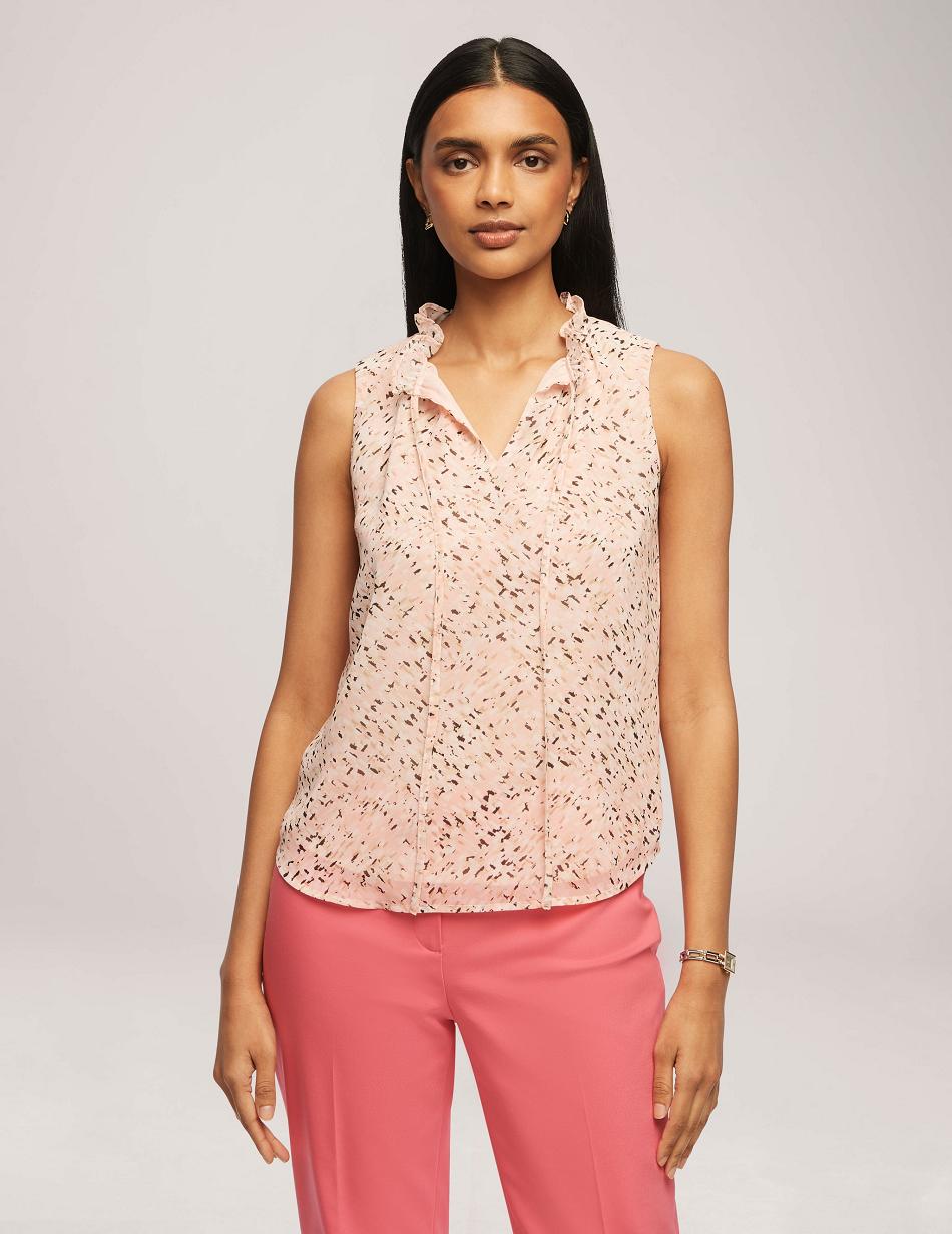 Anne Klein Printed Chiffon Sleeveless Tulla Blouse Tops Pink / Multicolor | USXBR80839