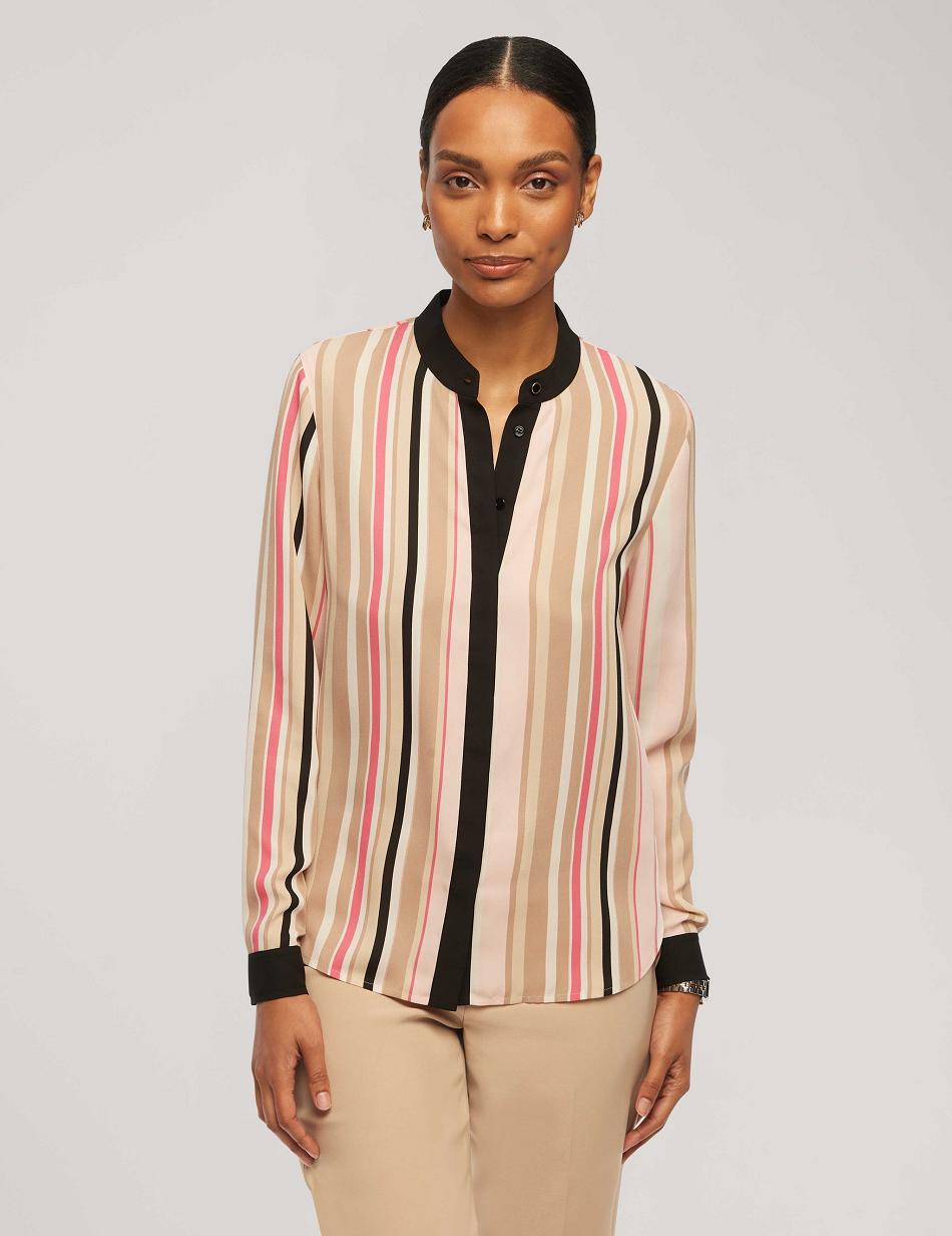 Anne Klein Printed Collarless Oxford Top Tops Pink / Multicolor | UUSTG68139