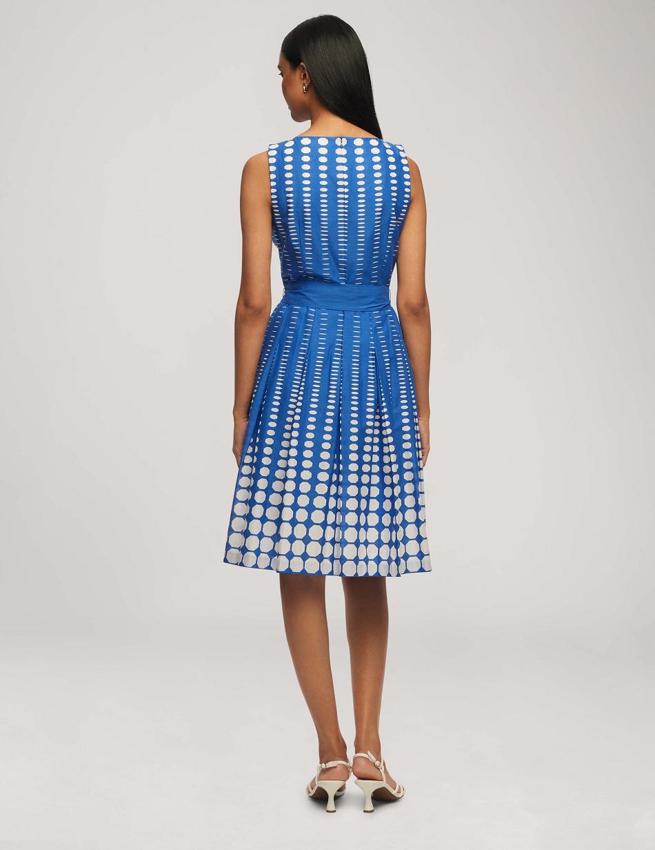 Anne Klein Printed Cotton Fit & Flare With Sash Dresses Blue / White | USCVG30409