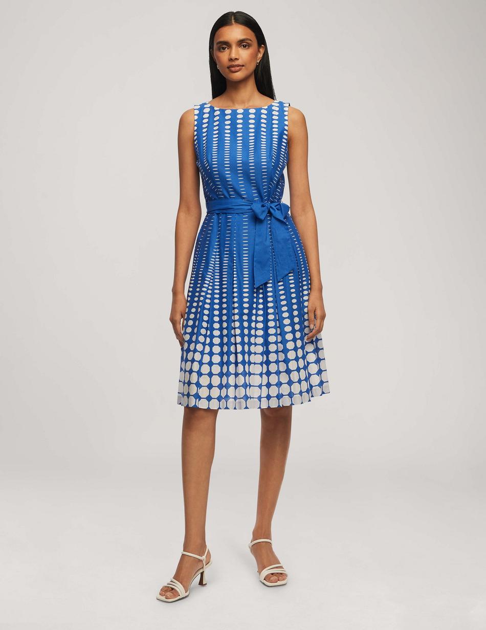 Anne Klein Printed Cotton Fit & Flare With Sash Dresses Blue / White | USCVG30409