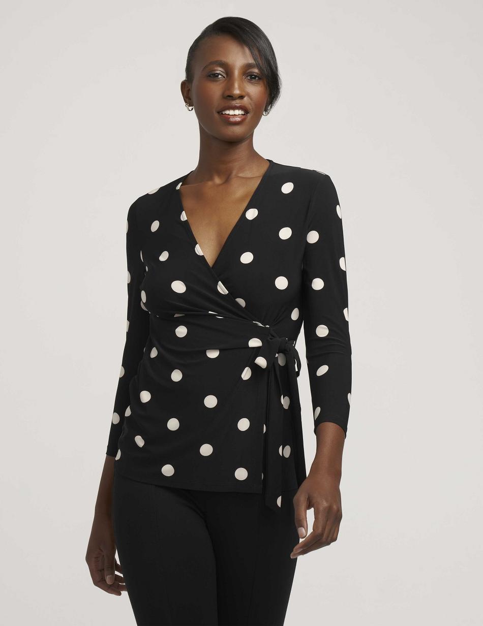 Anne Klein Printed Faux Wrap Top Best Sellers Black / White | USCVG49533