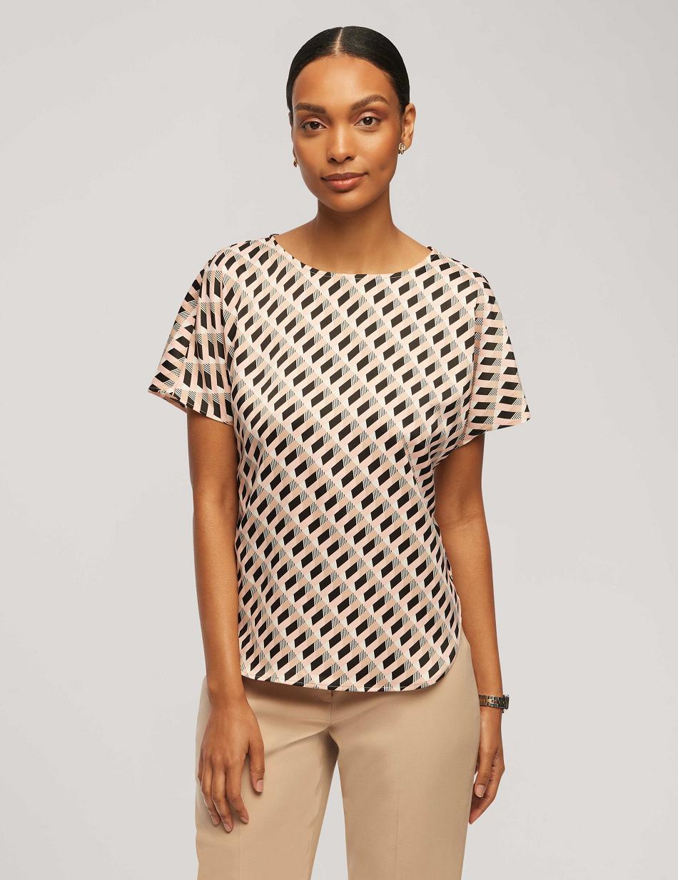 Anne Klein Printed Short Sleeve Blouse With Bateau Neckline Tops Multicolor | XUSGW54041