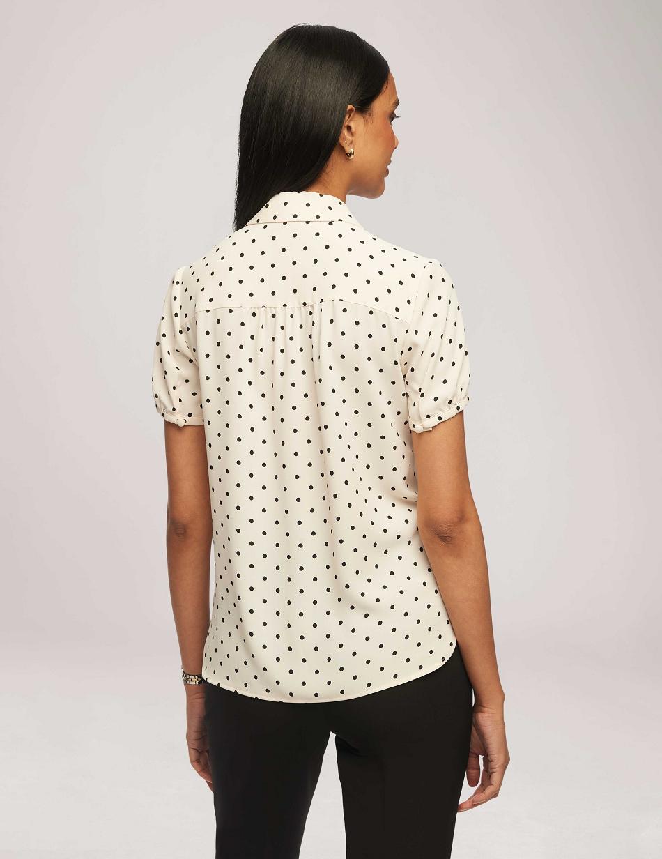 Anne Klein Printed Short Sleeve Button-Up Blouse Tops White / Black | QUSWA28769