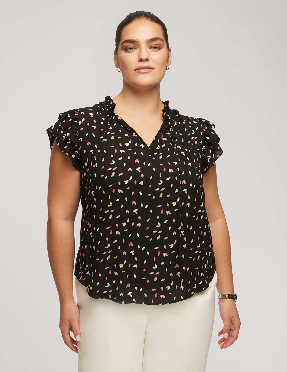 Anne Klein Printed Sleeveless Ruffle Tie Blouse Plus Size Black / Multicolor | USXBR68187