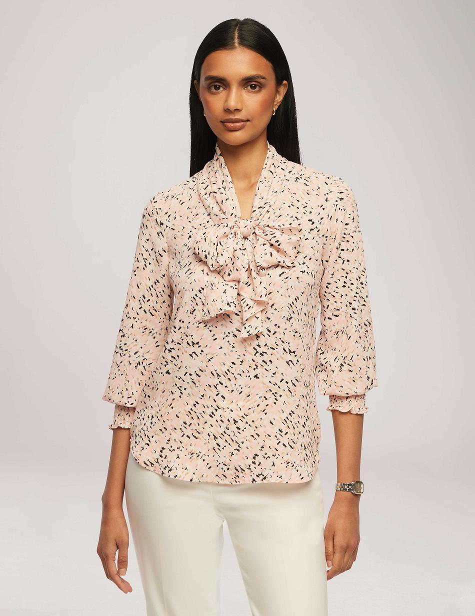 Anne Klein Printed Smocked Cuff Bow Blouse Tops Pink / Multicolor | QUSWA12018