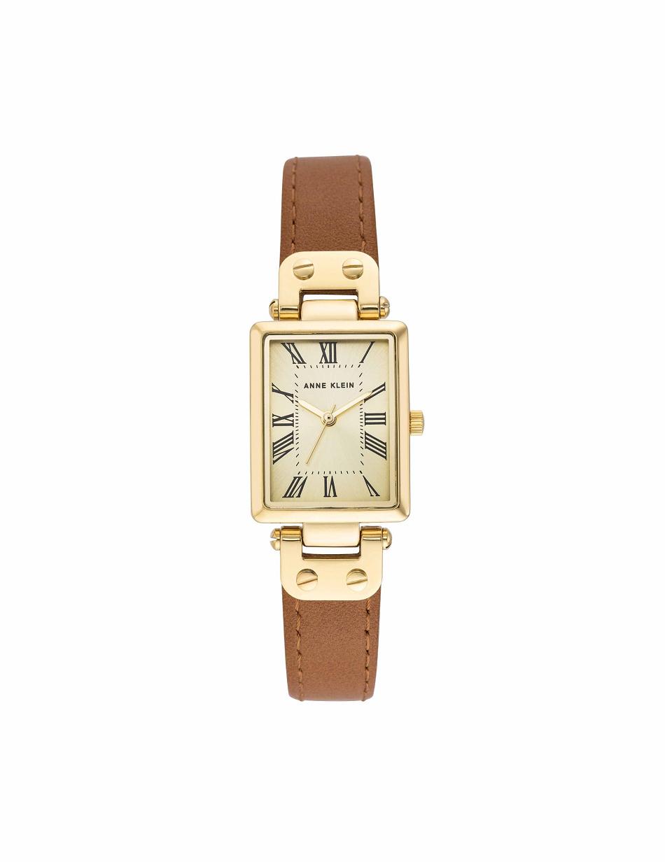 Anne Klein Rectangular Case Leather Strap Watch Best Sellers Brown / Gold | YUSGT55613