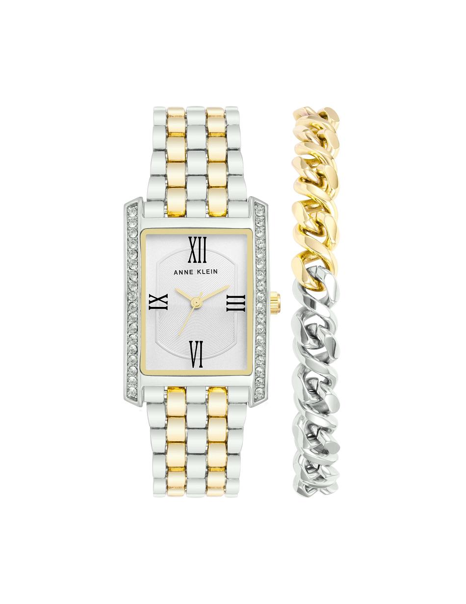 Anne Klein Rectangular Crystal Accented Watch Set with Chain Bracelet Metals Silver / Gold | USEGJ73101