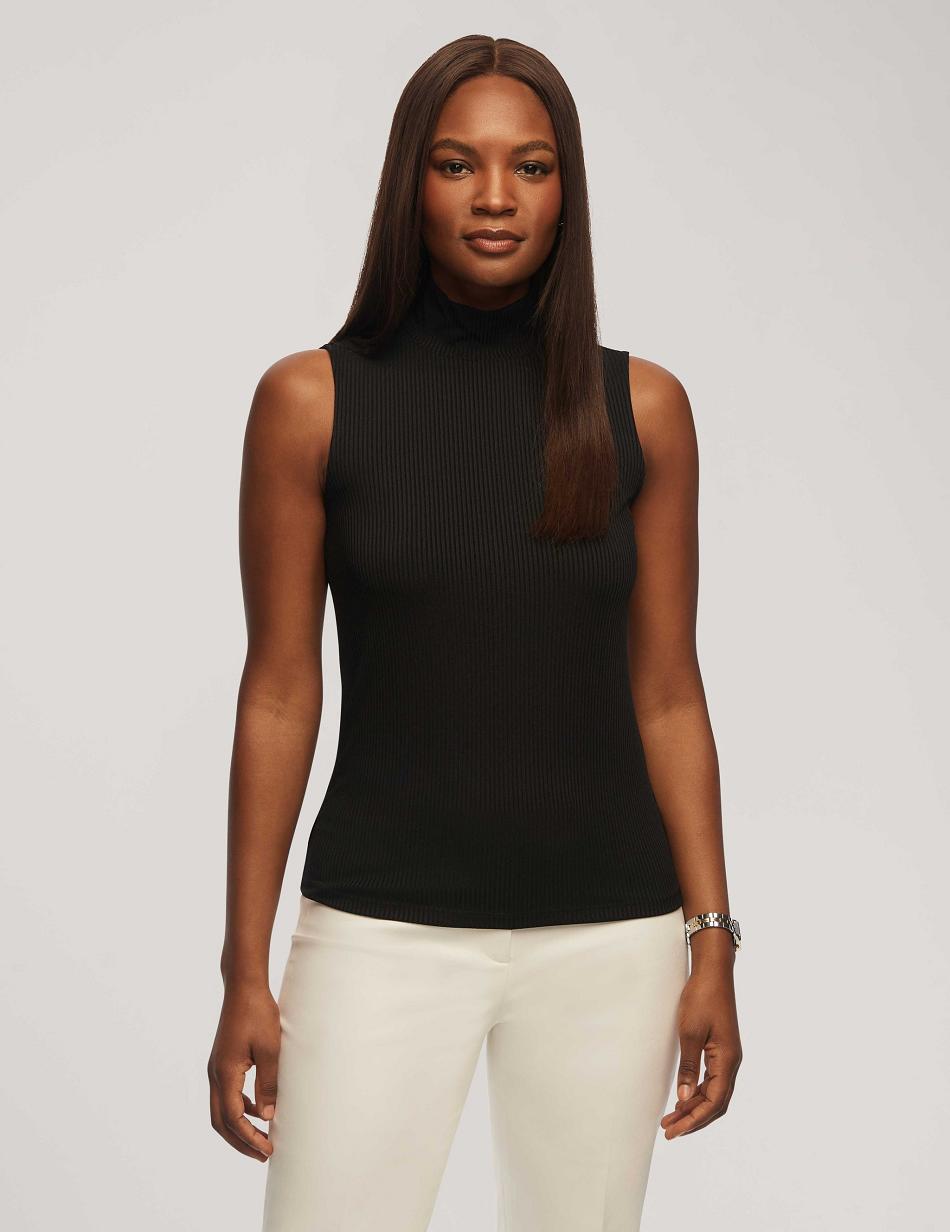 Anne Klein Rib Knit Seamed Mock Neck Shell Tops Black | USEAH96293