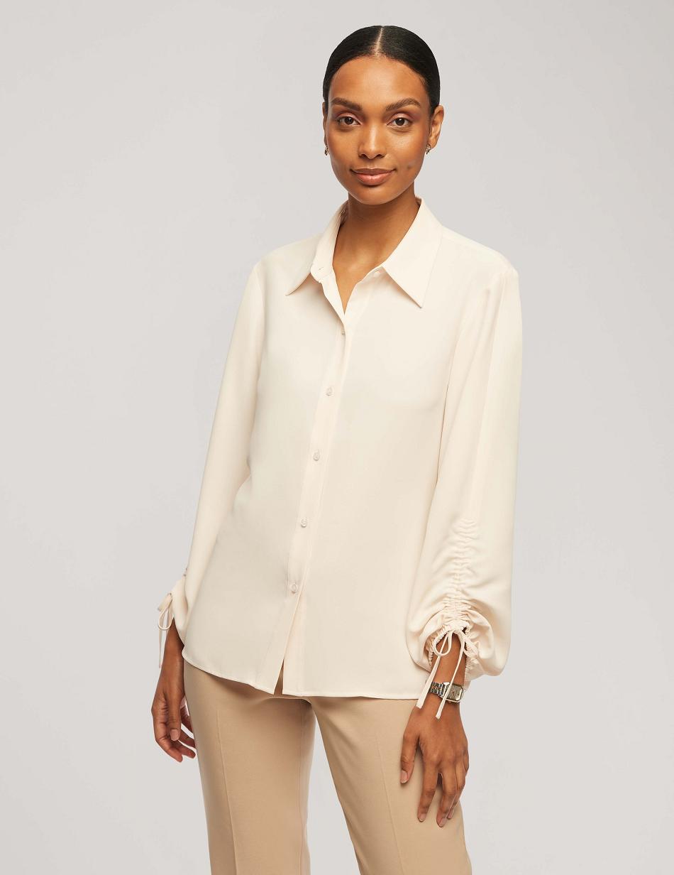 Anne Klein Ruched Sleeve Button-Down Blouse Tops White | USNEJ45341