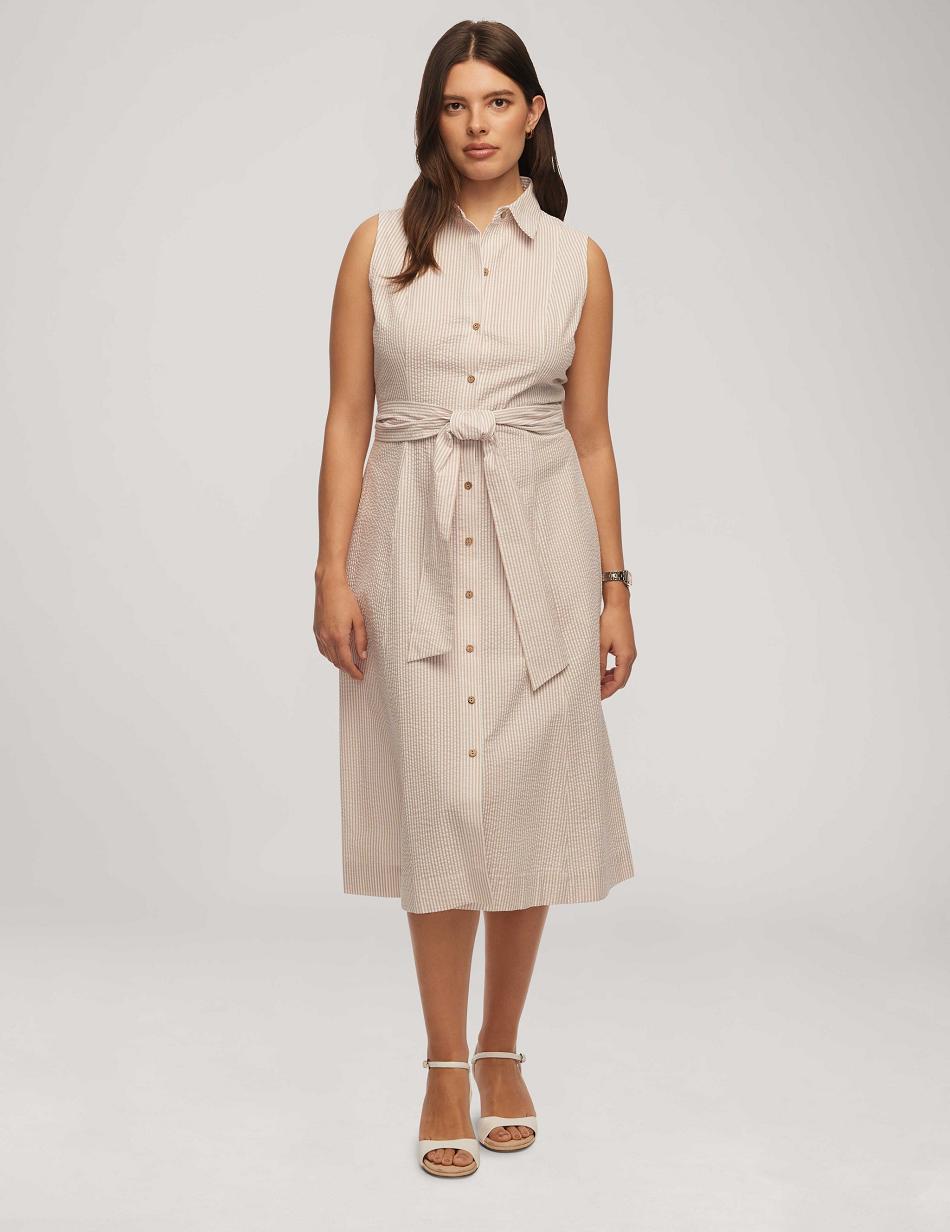 Anne Klein Seersucker Sleeveless Shirt Dresses White | USCVG99364