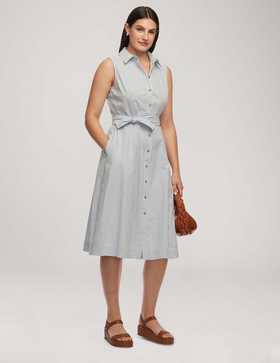 Anne Klein Seersucker Sleeveless Shirt Dresses Blue / White | USJBT99943