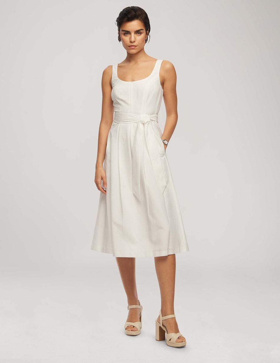 Anne Klein Seersucker Topsitch Midi With Pleats Dresses White | TUSWZ75649