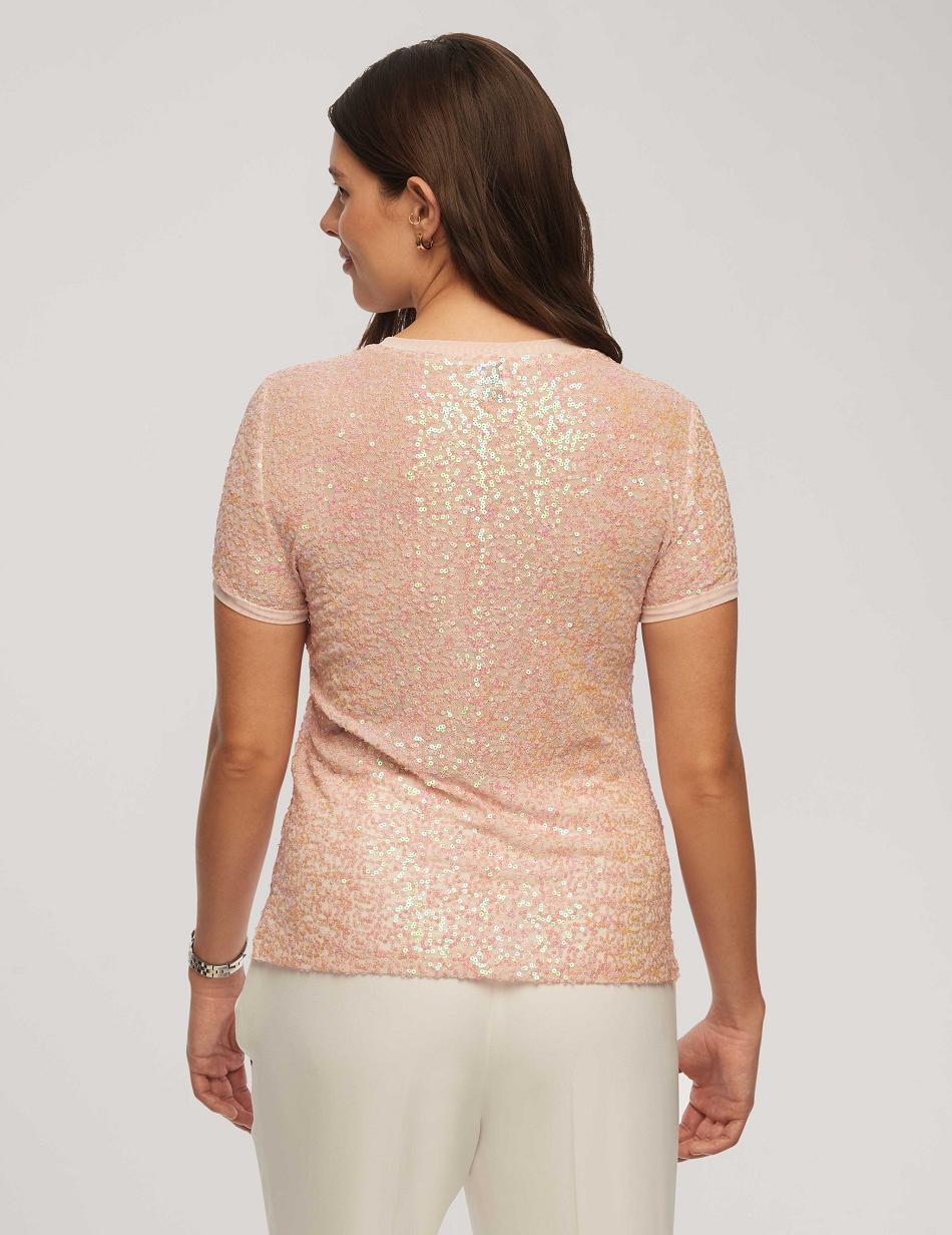 Anne Klein Sequin Mesh W/ Triple Mesh Short Sleeve Banded Tee Tops Pink / Multicolor | USQCS15094