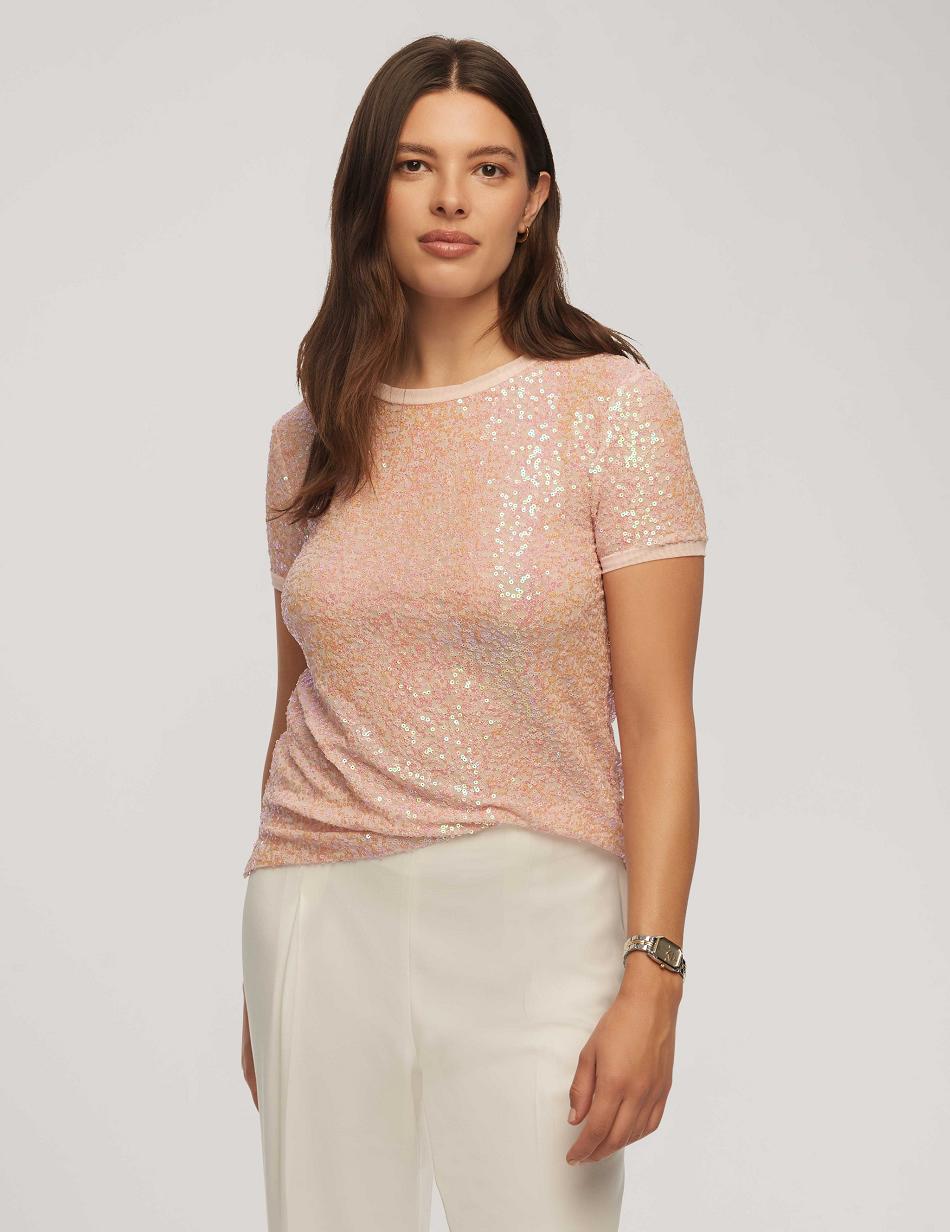 Anne Klein Sequin Mesh W/ Triple Mesh Short Sleeve Banded Tee Tops Pink / Multicolor | USQCS15094