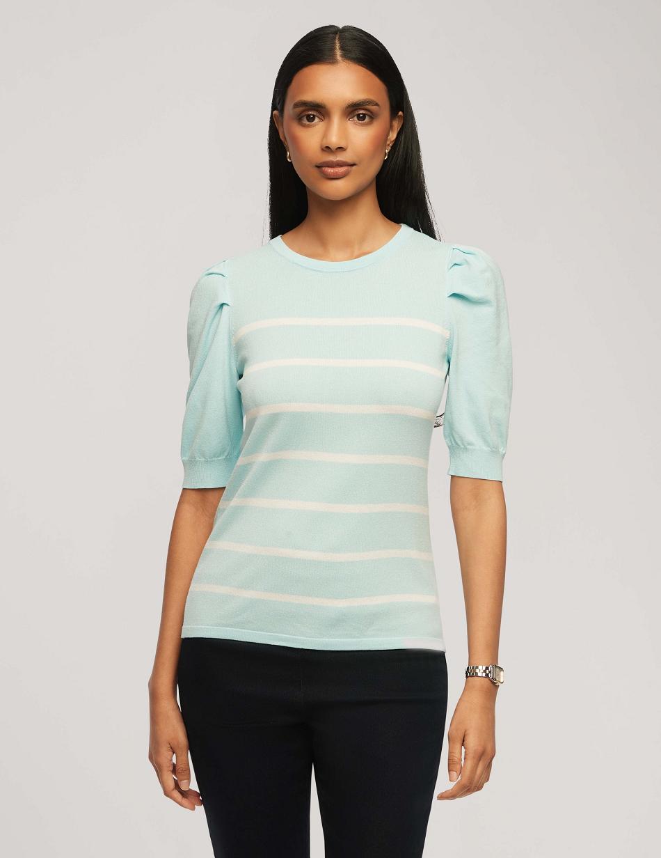 Anne Klein Short Puff Sleeve Crew Neck With Stripes Sweaters Blue / White | BUSSD63717