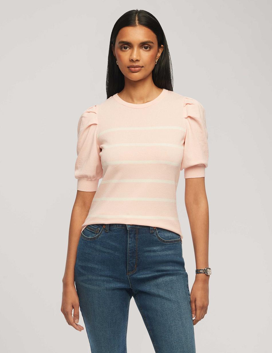 Anne Klein Short Puff Sleeve Crew Neck With Stripes Tops Pink / White | GUSUC23918