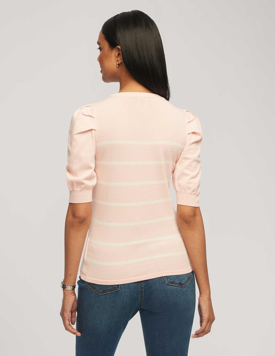 Anne Klein Short Puff Sleeve Crew Neck With Stripes Sweaters Pink / White | SUSNY49492