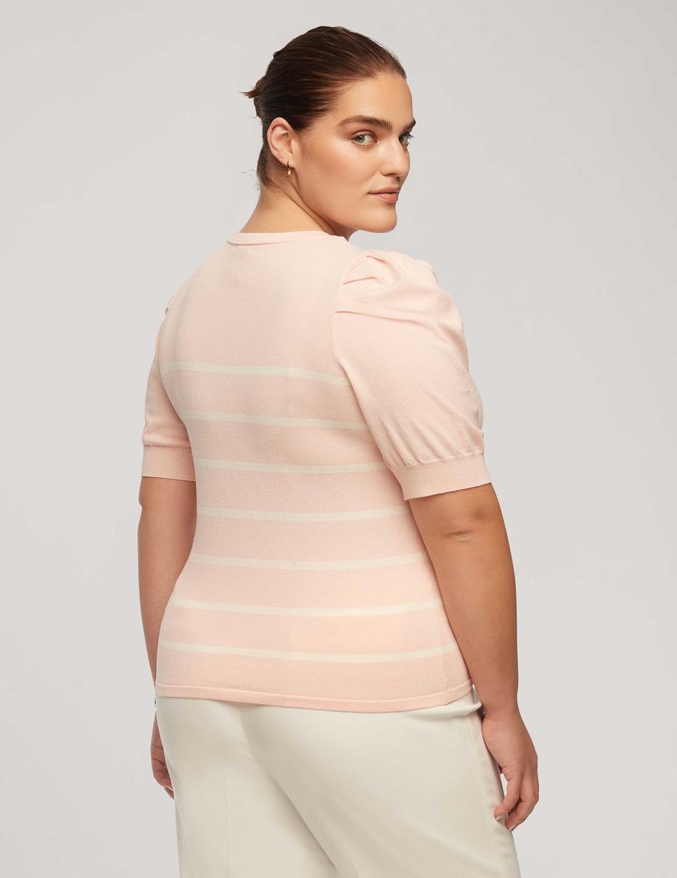 Anne Klein Short Puff Sleeve Crew Neck With Stripes Plus Size Pink / White | USNEJ54455