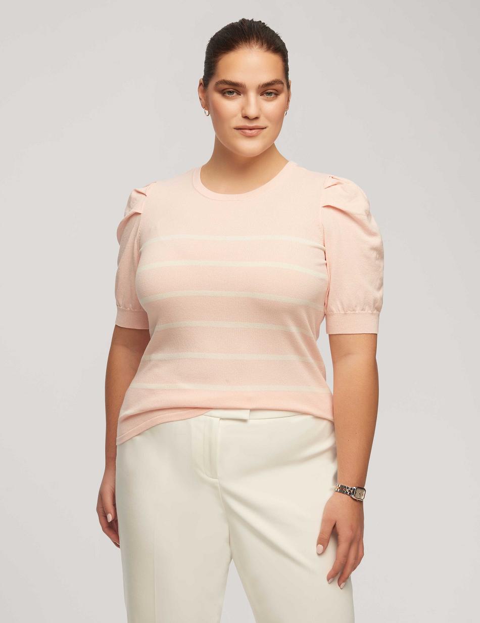 Anne Klein Short Puff Sleeve Crew Neck With Stripes Plus Size Pink / White | USNEJ54455