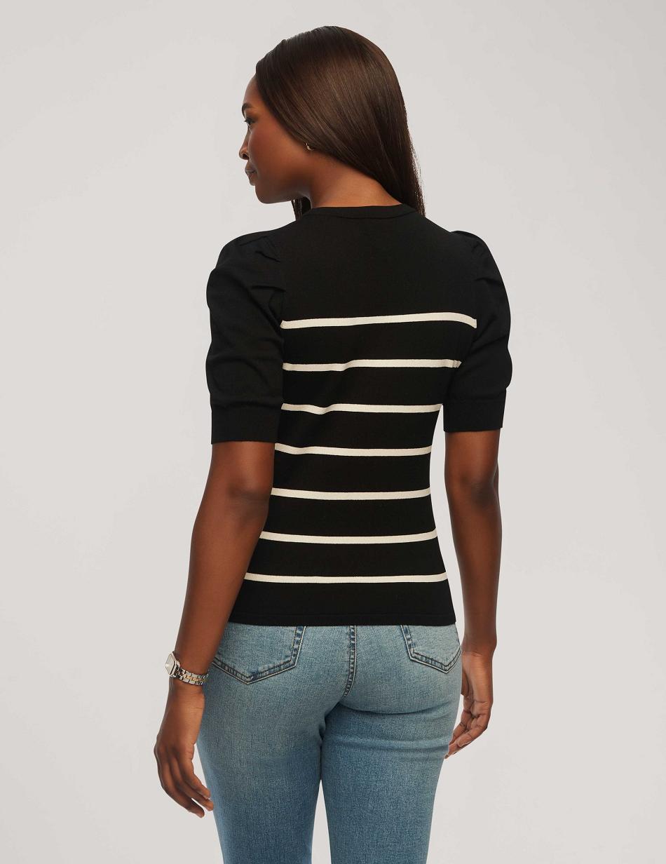 Anne Klein Short Puff Sleeve Crew Neck With Stripes Tops Black / White | UUSND97067