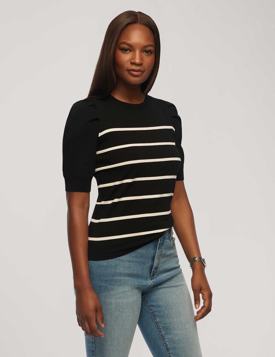 Anne Klein Short Puff Sleeve Crew Neck With Stripes Tops Black / White | UUSND97067