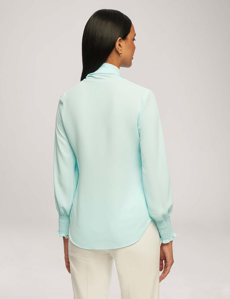 Anne Klein Smocked Cuff Bow Blouse Tops Blue | USQAV83153