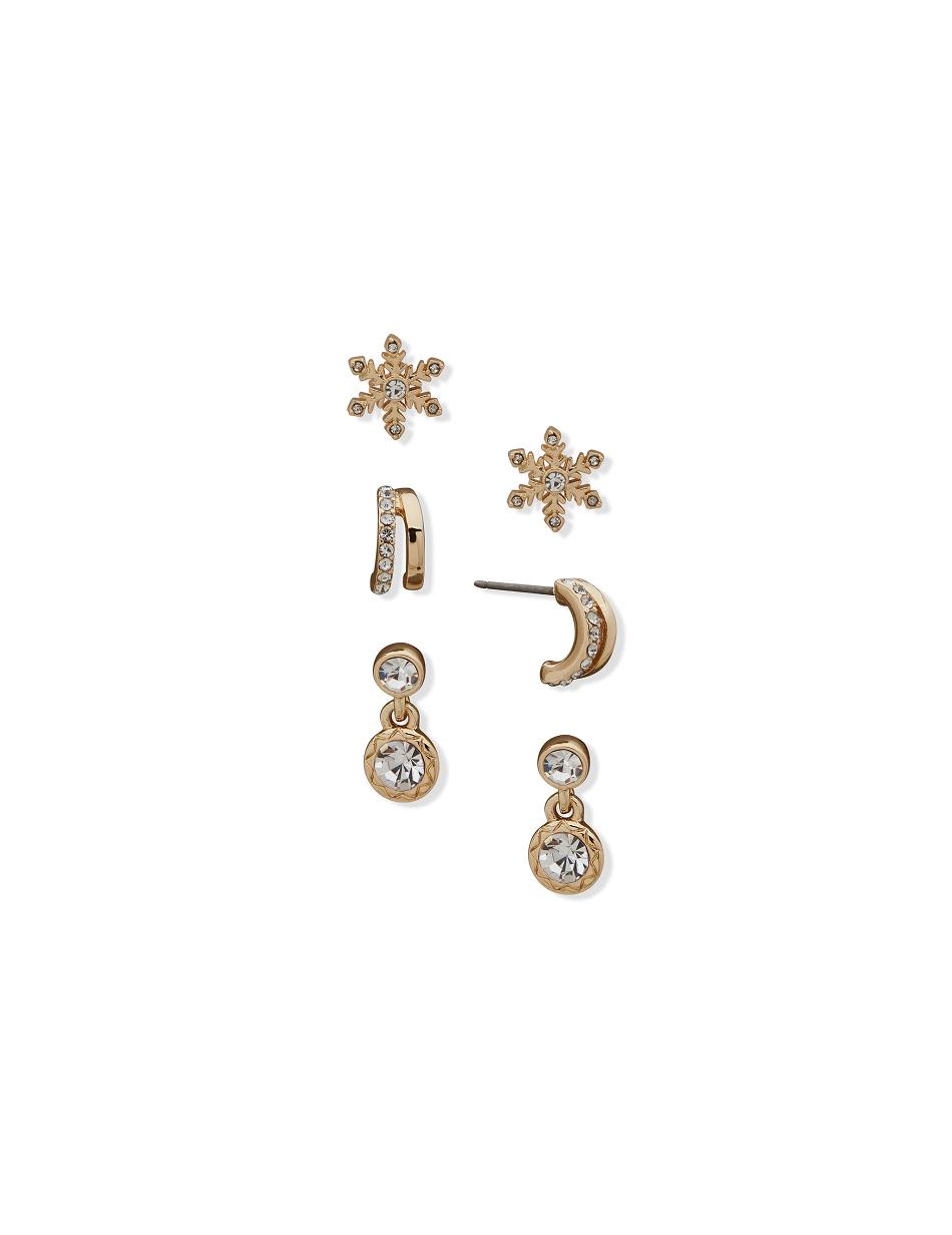 Anne Klein Snowflake Drop and C Hoop Pierced Earring Trio in Gift Box Earrings Gold | XUSGW84182